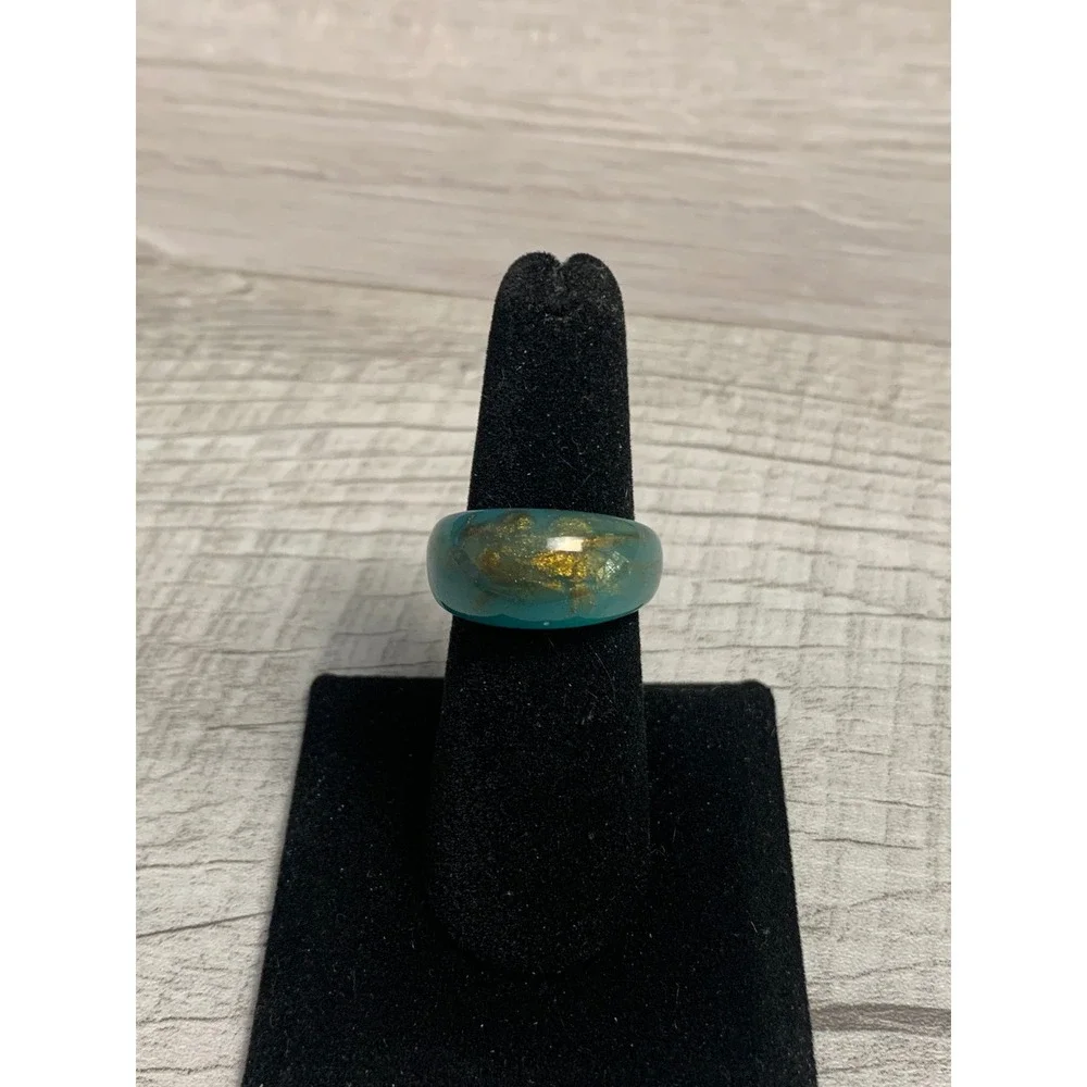Teal Resin Dome Ring with Gold Flakes Chunky Statement Band Size 8.25 Turquoise
